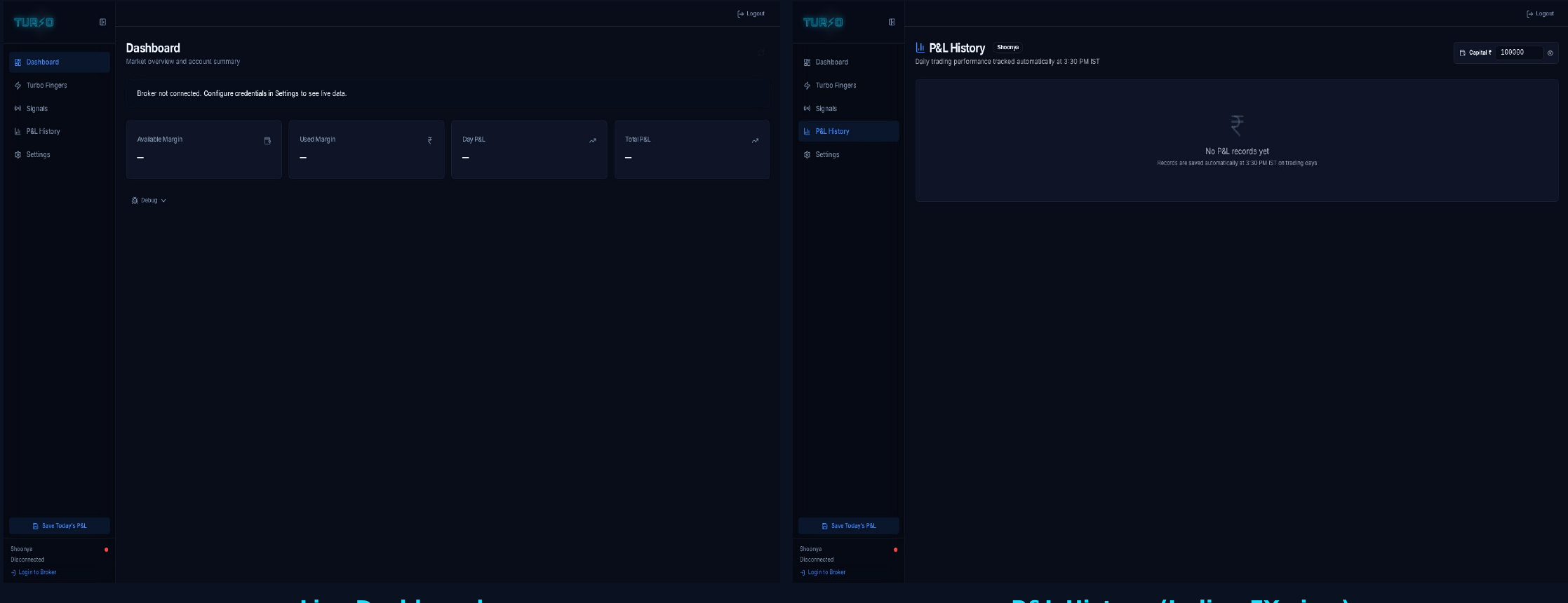 TURBO dashboard and P&L history screens